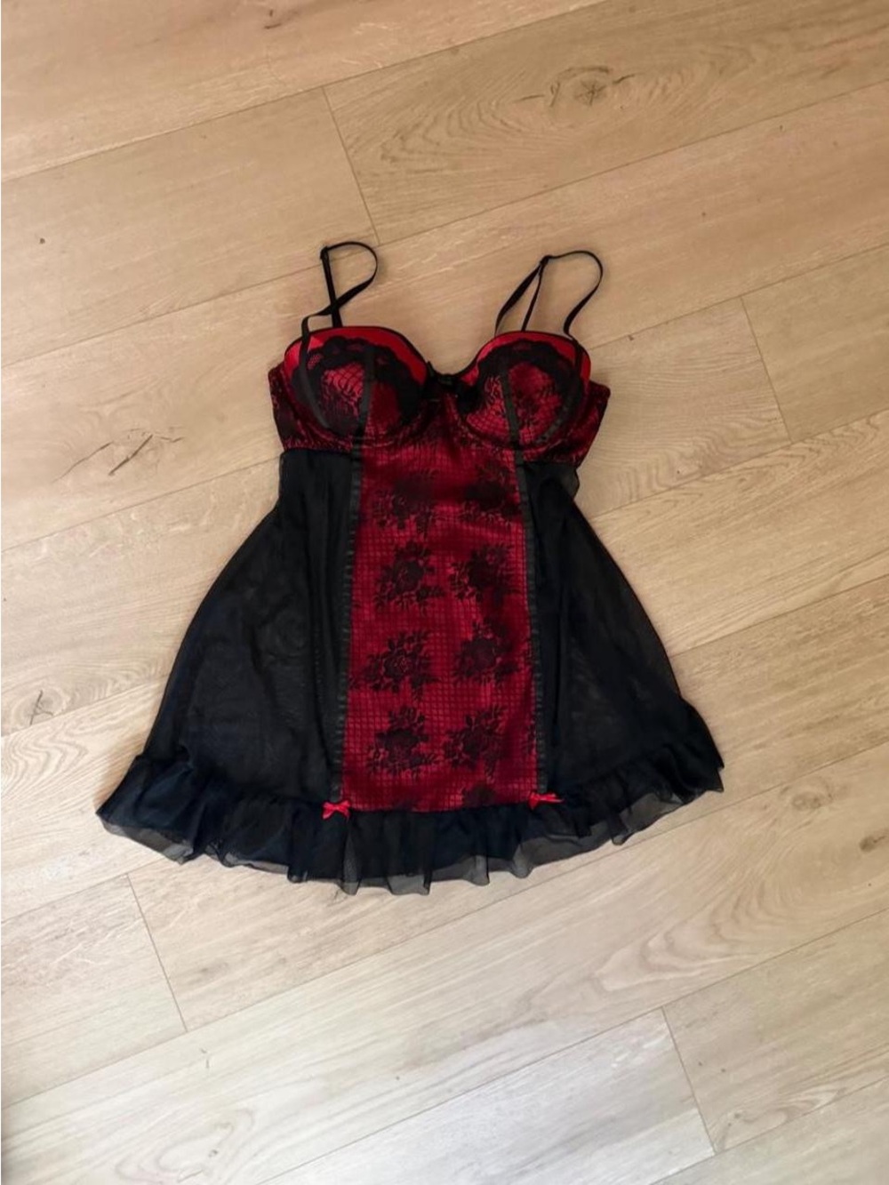 Red & Black Lace Babydoll Chemise - Women Intimates